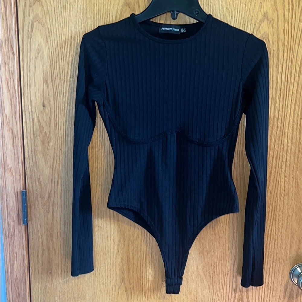 PrettyLittleThing Bodysuit Ribbed Long Sleeve Corset Detail Black Size 6‎